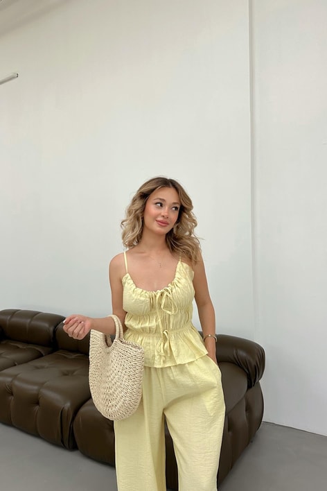 Büzgülü Bluz Pantolon Takım Sarı