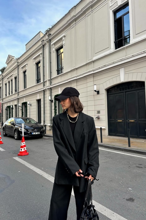 Çizgili Blazer Takım Antrasit