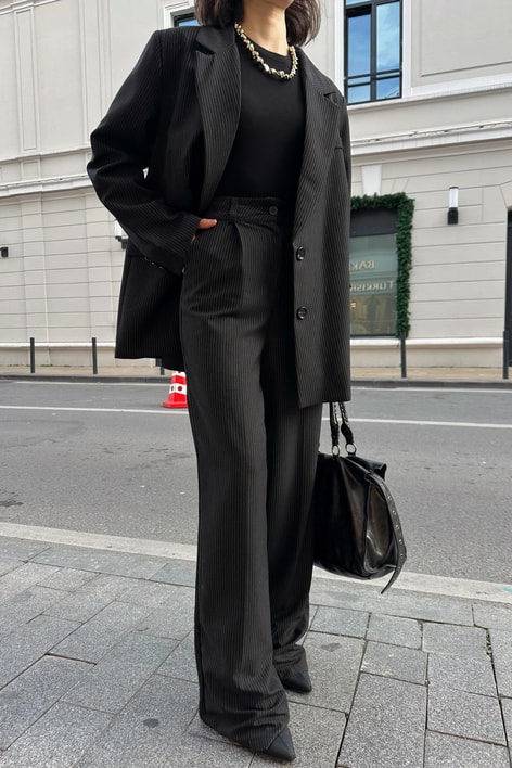 Çizgili Blazer Takım Antrasit