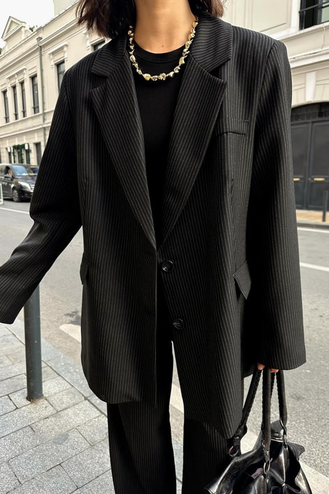 Çizgili Blazer Takım Antrasit