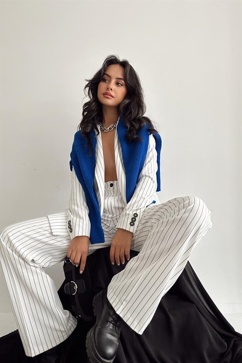 Çizgili Blazer Takım Beyaz