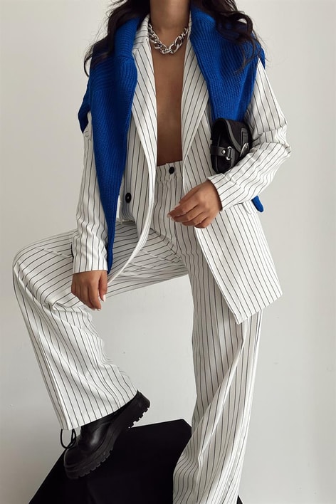 Çizgili Blazer Takım Beyaz