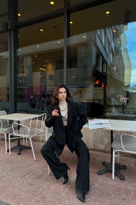 Çizgili Blazer Takım Lacivert