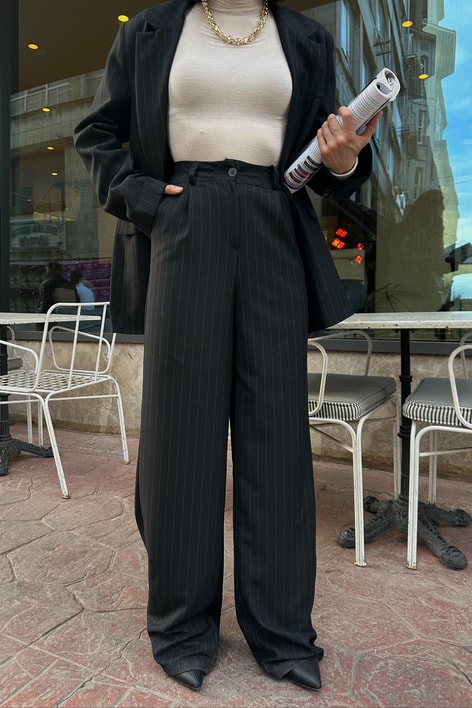 Çizgili Blazer Takım Lacivert