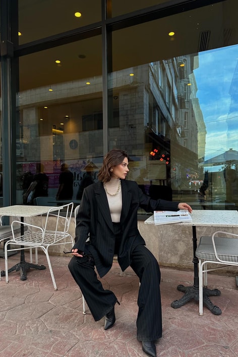 Çizgili Blazer Takım Lacivert