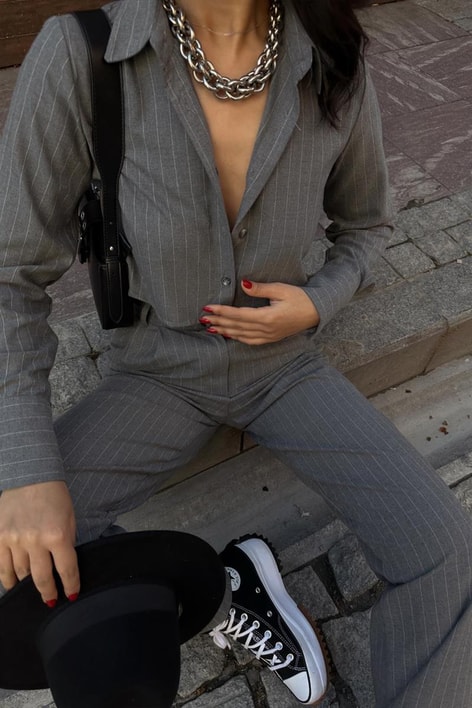 Çizgili Pantolon Gömlek Takım Gri