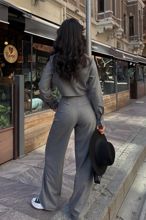 Çizgili Pantolon Gömlek Takım Gri