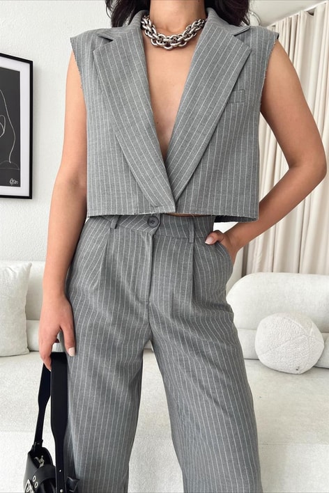 Çizgili Yelek Pantolon Takım Gri
