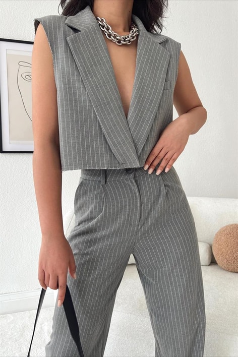 Çizgili Yelek Pantolon Takım Gri