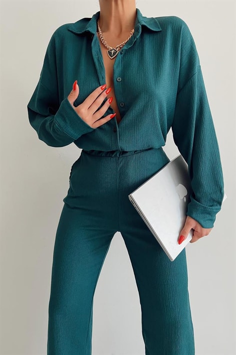 Comfy Piliseli Gömlek Takım Petrol Mavisi