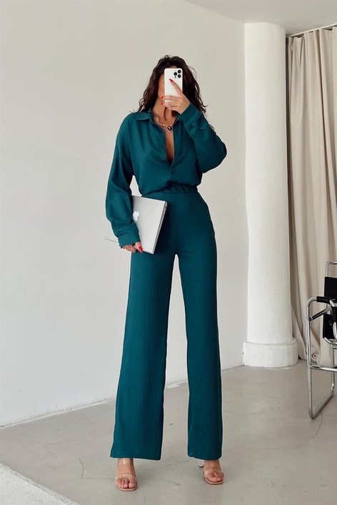 Comfy Piliseli Gömlek Takım Petrol Mavisi