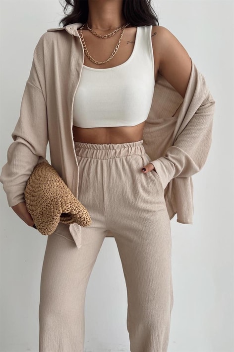 Comfy Piliseli Gömlek Takım Taş