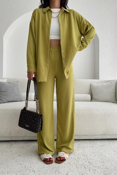 Comfy Piliseli Gömlek Takım Yağ Yeşili