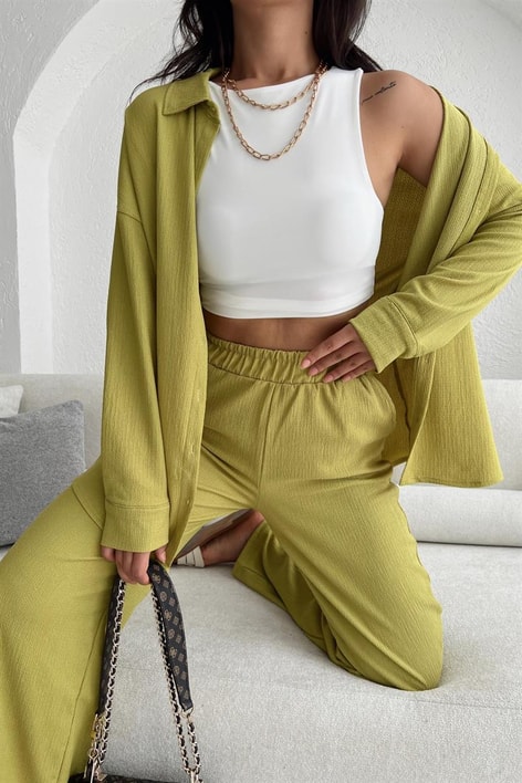 Comfy Piliseli Gömlek Takım Yağ Yeşili