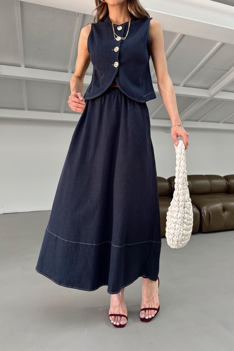 Denim Etekli Takım Lacivert