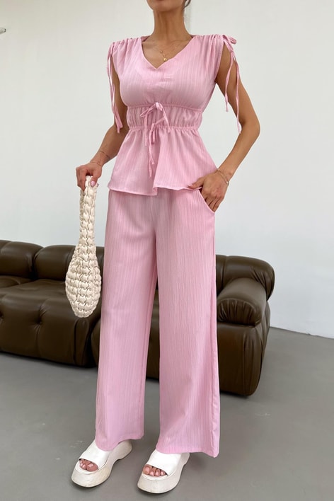 Dokulu Büzgü Detay Takım Pembe