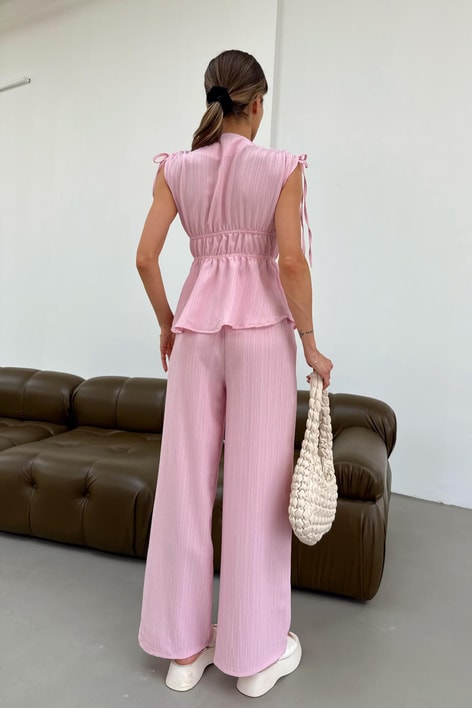 Dokulu Büzgü Detay Takım Pembe