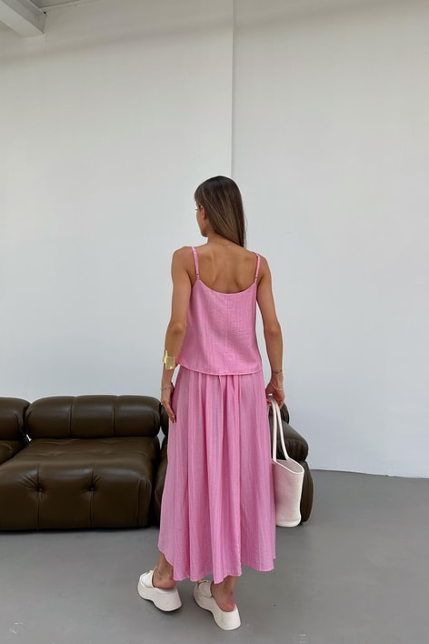 Dokulu Etek Bluz Takım Pembe