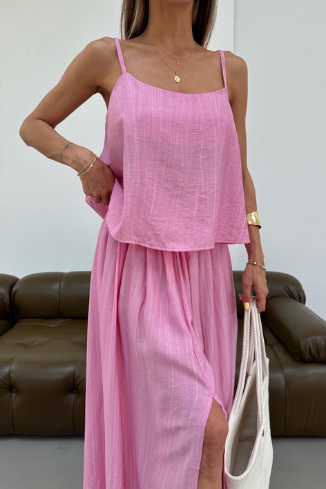 Dokulu Etek Bluz Takım Pembe