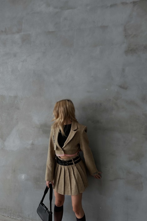 Ekose Desen Crop Etekli Takım Bej