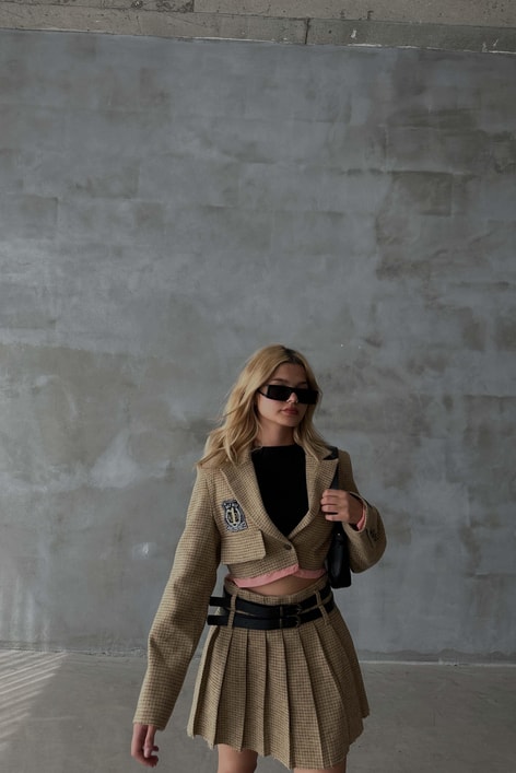 Ekose Desen Crop Etekli Takım Bej