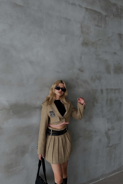 Ekose Desen Crop Etekli Takım Bej