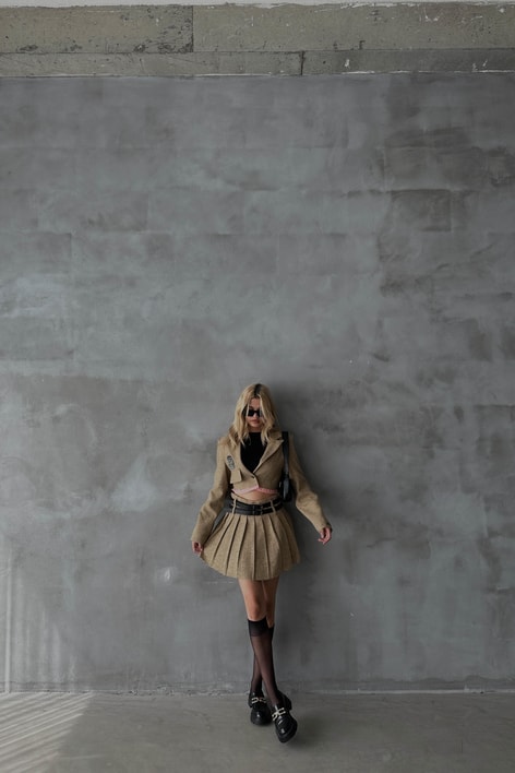 Ekose Desen Crop Etekli Takım Bej