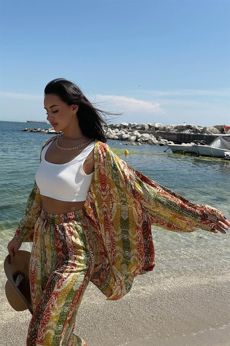 Etnik Desen Kimono Takım Haki