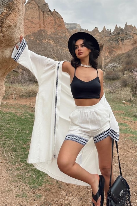 Etnik Şortlu Kimono Takım Ekru
