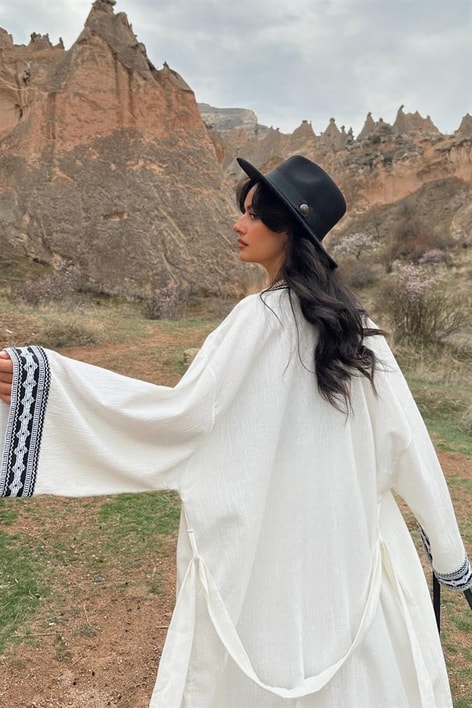 Etnik Şortlu Kimono Takım Ekru