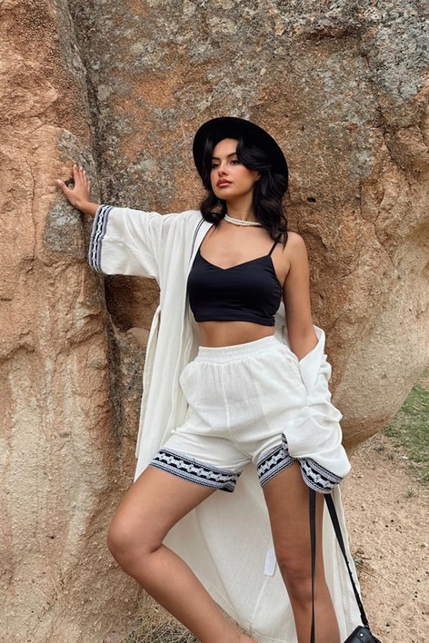 Etnik Şortlu Kimono Takım Ekru