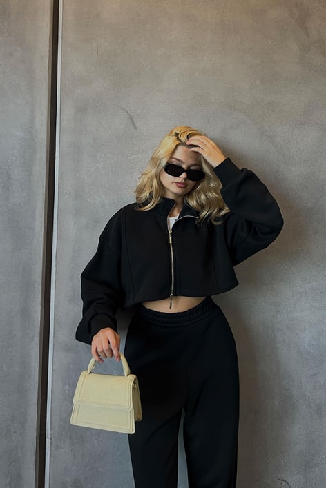 Fermuarlı Crop Eşofman Takım Siyah