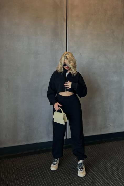 Fermuarlı Crop Eşofman Takım Siyah