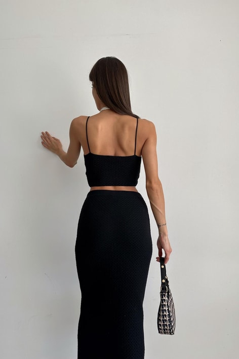 Fiyonk Detaylı Etekli Triko Takım Siyah