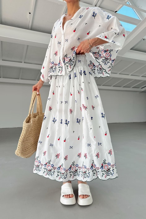 Flower İşlemeli Etekli Maxi Takım Ekru-Laci