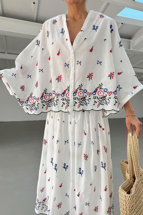 Flower İşlemeli Etekli Maxi Takım Ekru-Laci