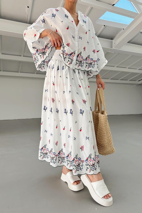 Flower İşlemeli Etekli Maxi Takım Ekru-Laci