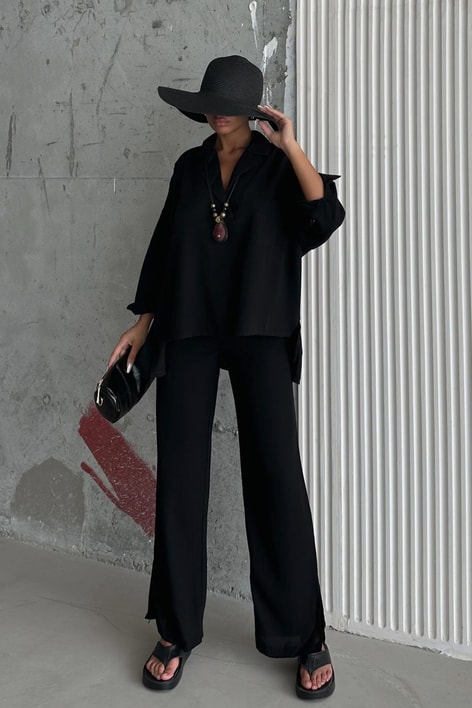 Gömlek Yaka Keten Salaş Takım Siyah