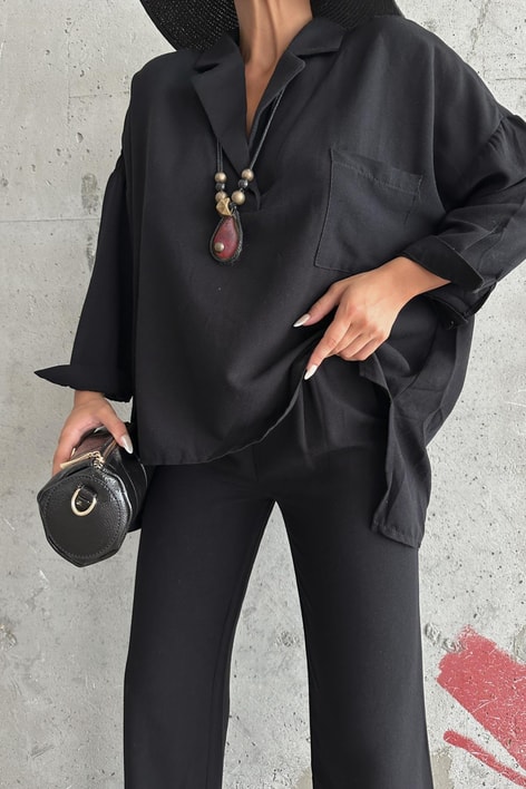 Gömlek Yaka Keten Salaş Takım Siyah