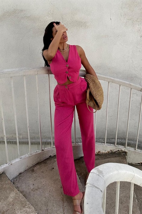 Ham Keten Yelekli Takım Fuşya