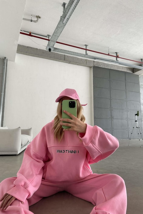 I Dont Care Nakışlı Oversize Takım Pembe
