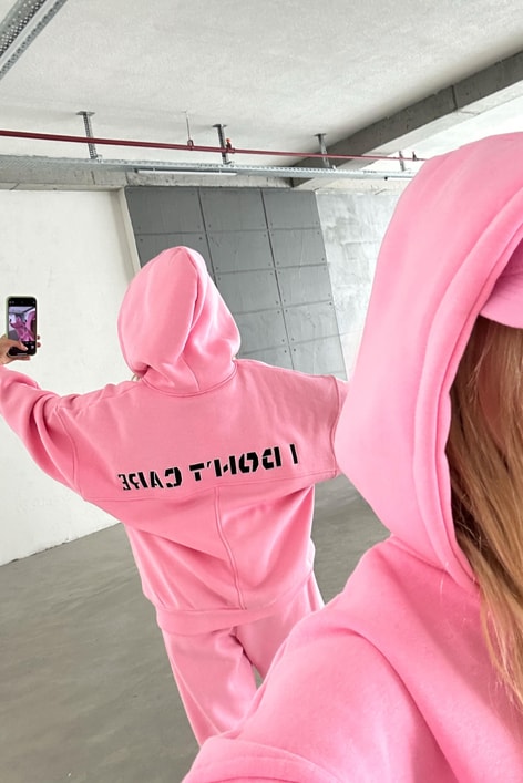 I Dont Care Nakışlı Oversize Takım Pembe
