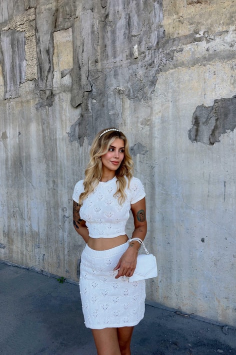 İnci İşlemeli Triko Takım Krem