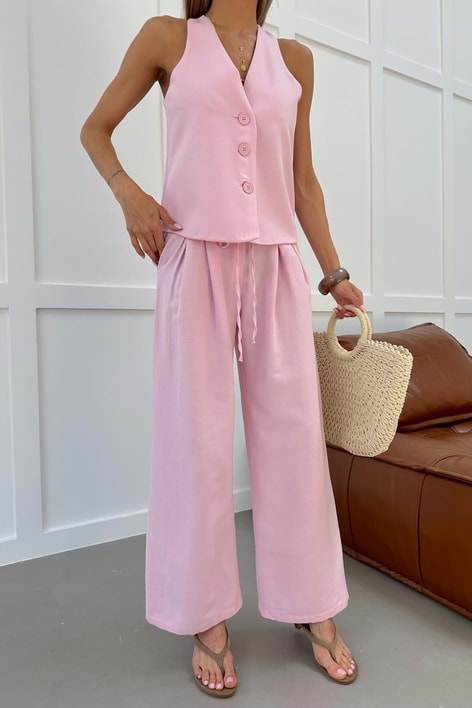 İp Kemerli Pantolon Keten Takım Pembe