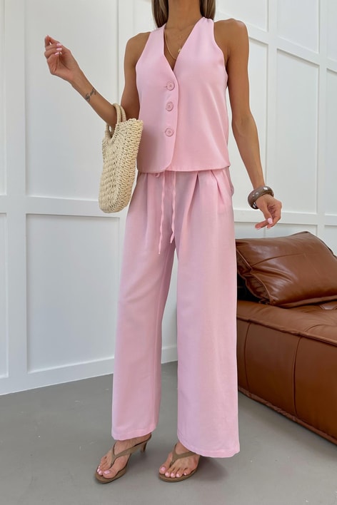 İp Kemerli Pantolon Keten Takım Pembe