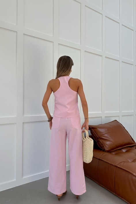 İp Kemerli Pantolon Keten Takım Pembe