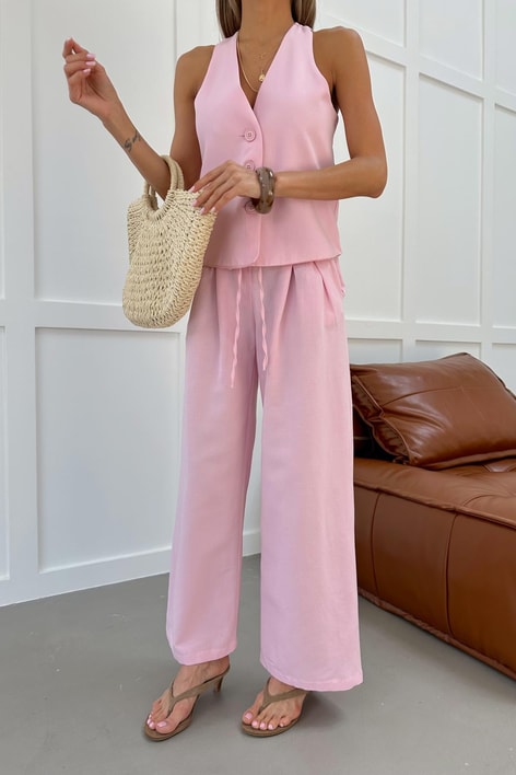 İp Kemerli Pantolon Keten Takım Pembe