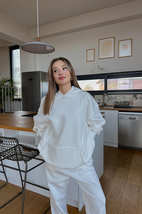 Kanguru Cepli Eşofman Takım Beyaz