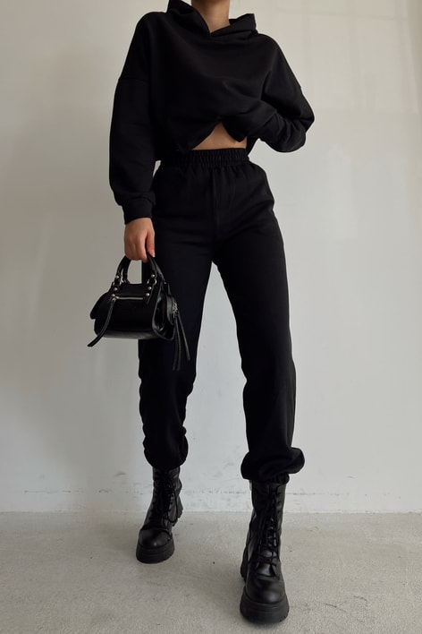 Kapüşonlu Relax Jogger Sweat Takım Siyah