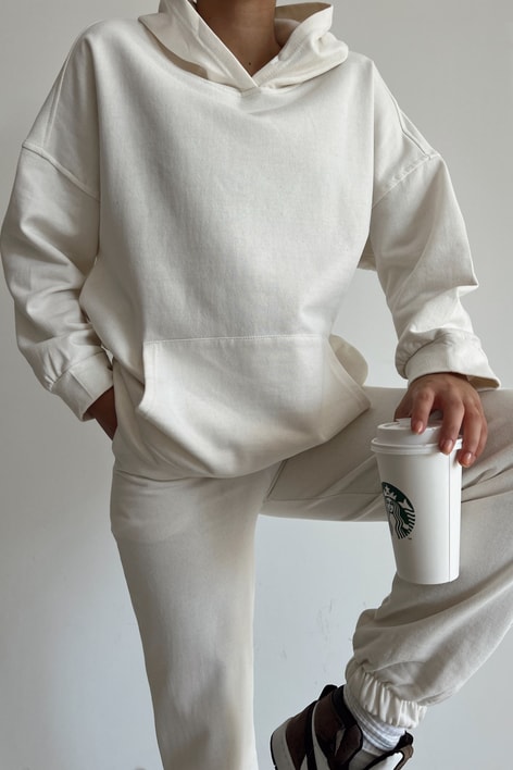Kapüşonlu Relax Jogger Sweat Takım Beyaz